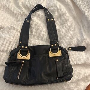 B. Makowsky Black Shoulder Bag with Gold Details
